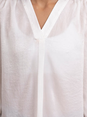 Satin V-Neck Front Pleat Top - Off-White