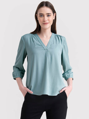 V Neck Pleat Detail Top - Sap Green