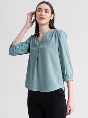 V Neck Pleat Detail Top - Sap Green