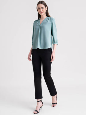 V Neck Pleat Detail Top - Sap Green