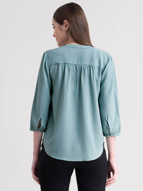 V Neck Pleat Detail Top - Sap Green