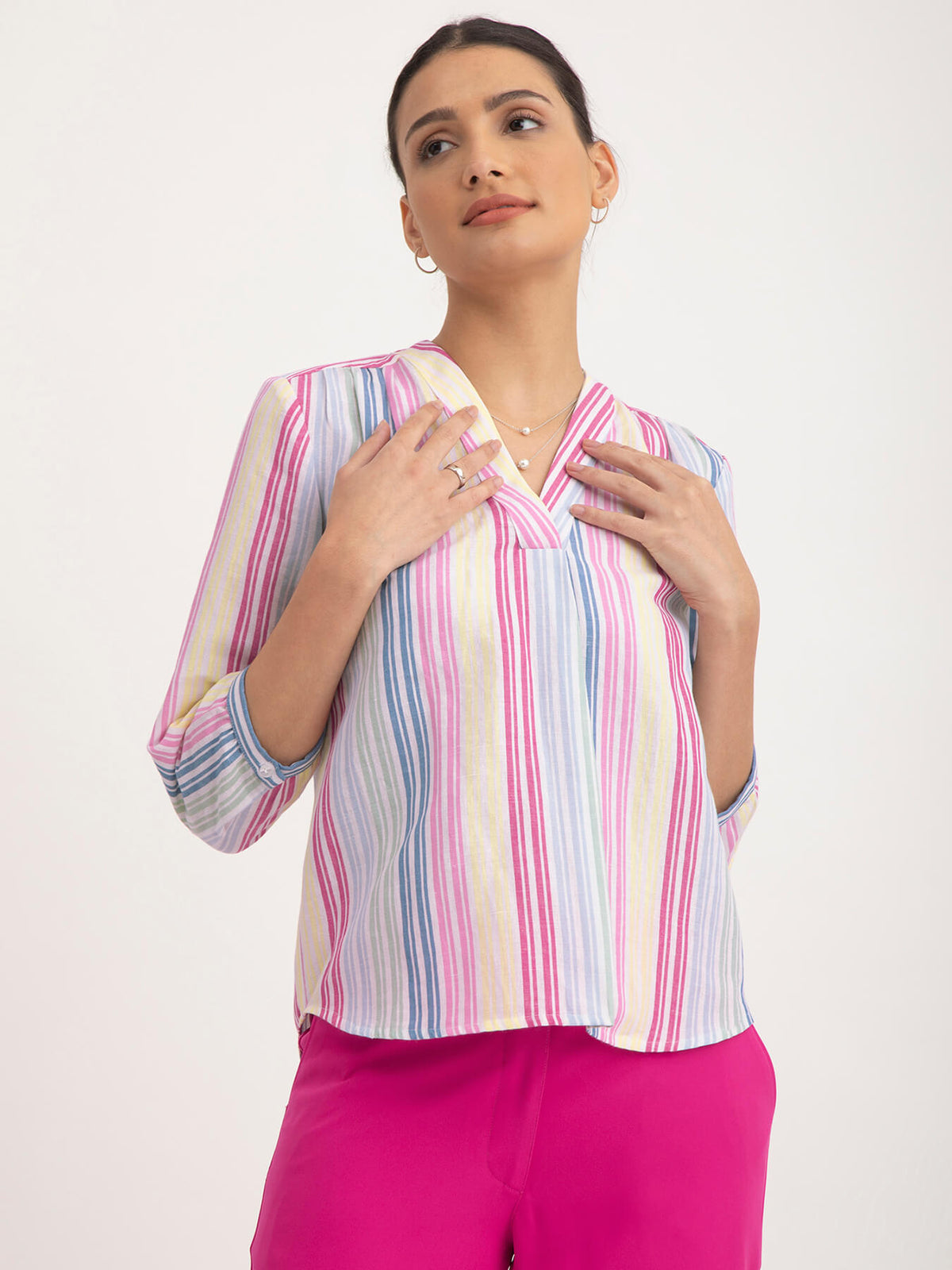 Cotton Linen Striped V-Neck Top - White And Pink