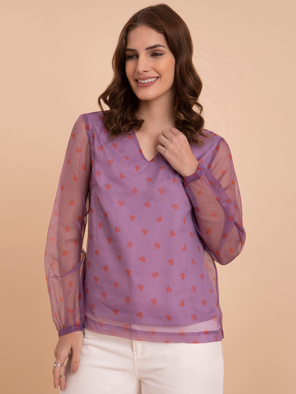 Organza V-Neck Heart Print Top - Pink And Red