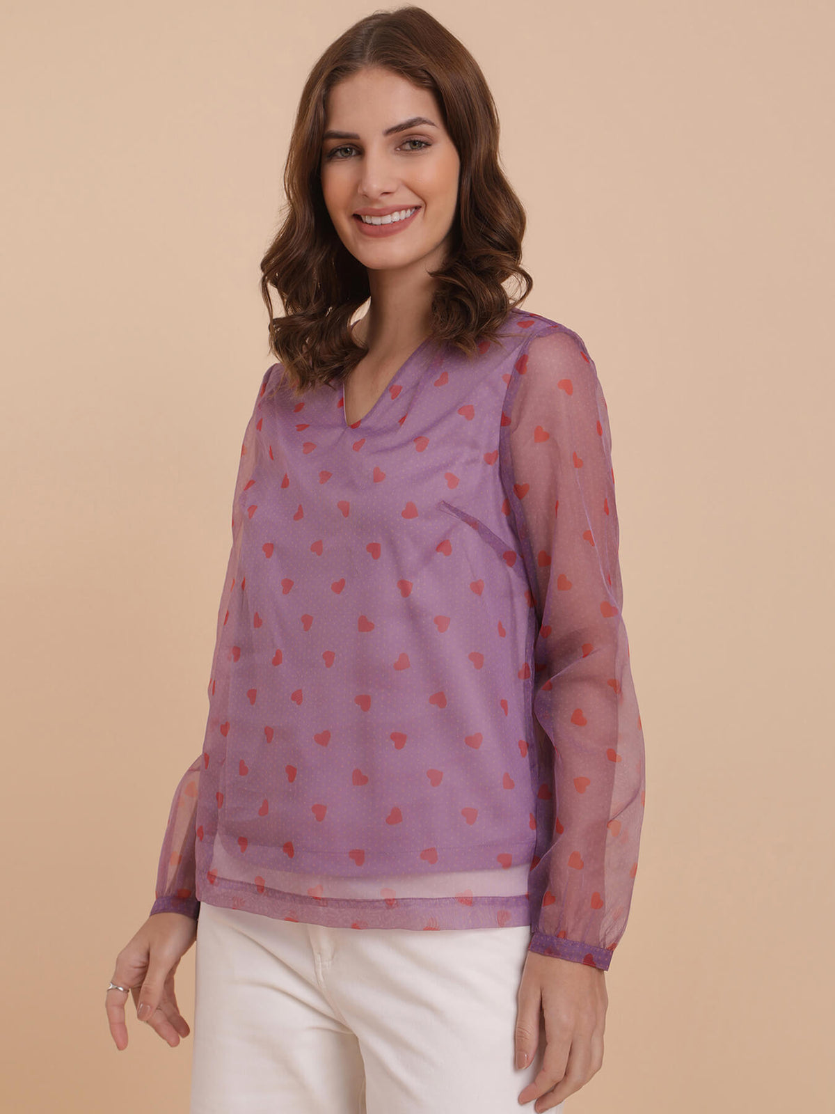 Organza V-Neck Heart Print Top - Pink And Red