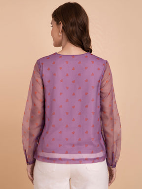 Organza V-Neck Heart Print Top - Pink And Red