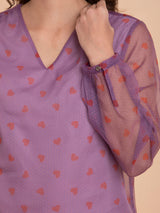 Organza V-Neck Heart Print Top - Pink And Red