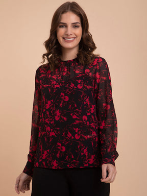 Georgette Floral Print Top - Red And Black