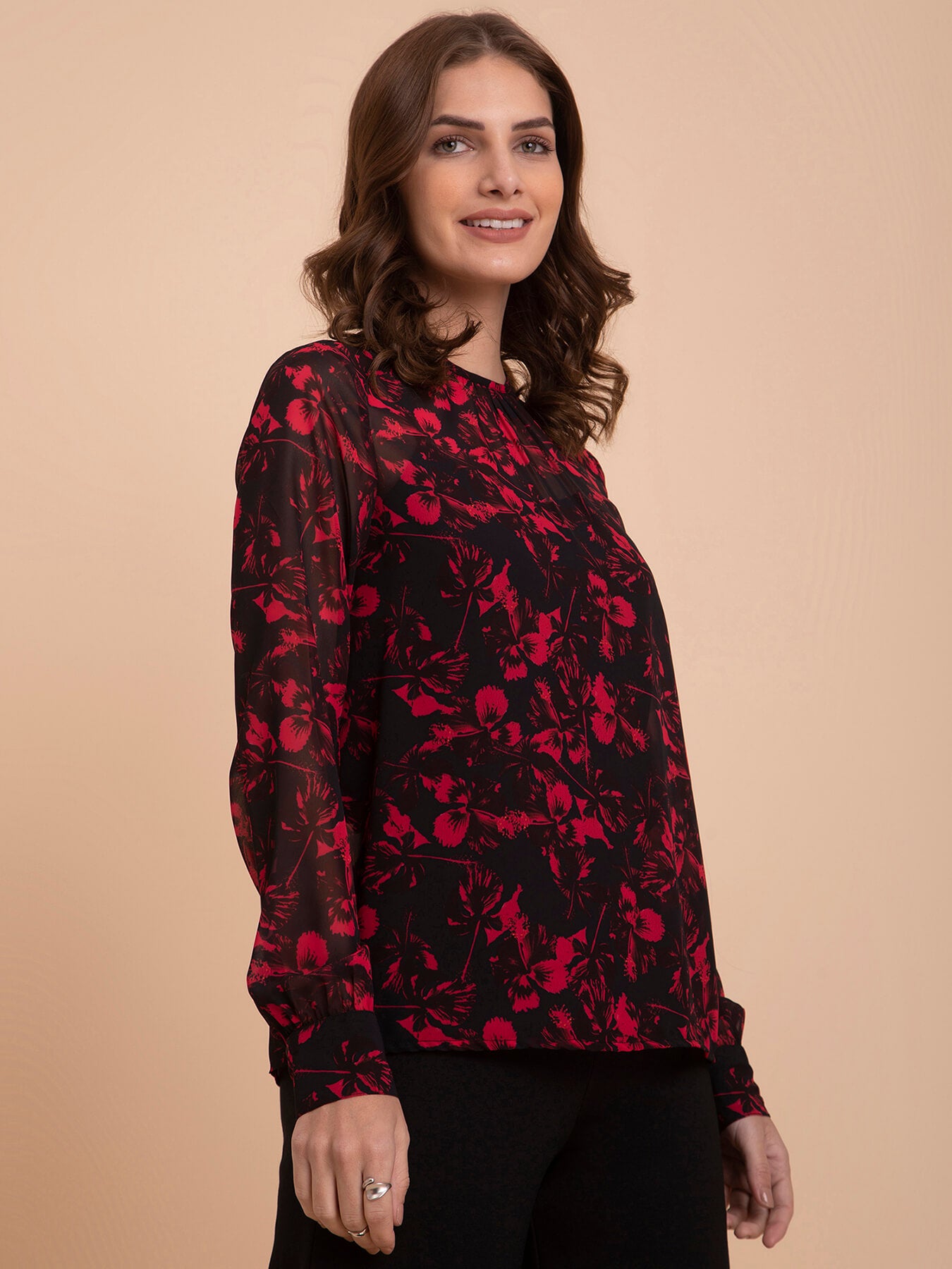 Georgette Floral Print Top - Red And Black