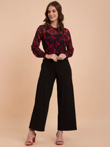 Georgette Floral Print Top - Red And Black