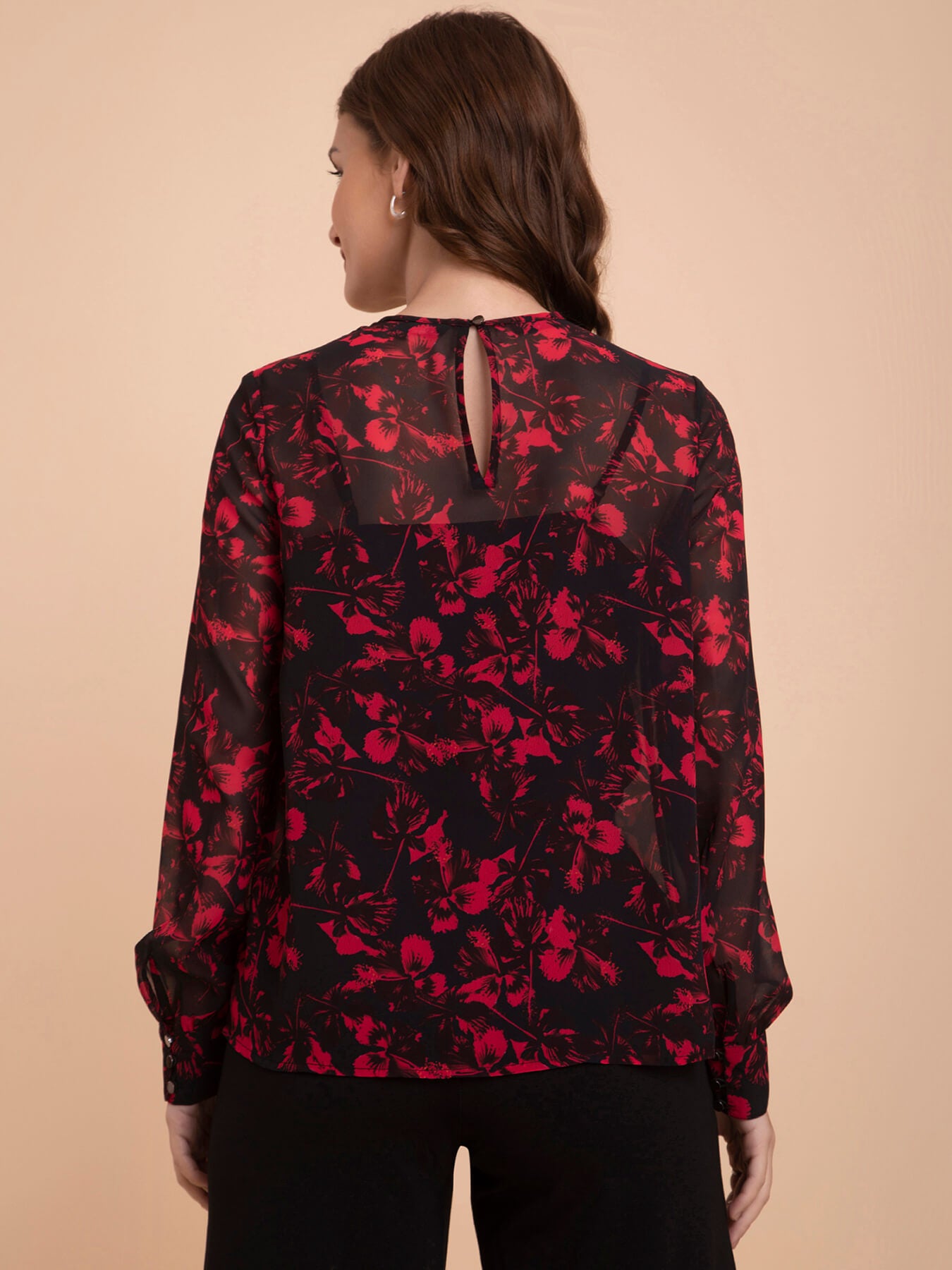 Georgette Floral Print Top - Red And Black