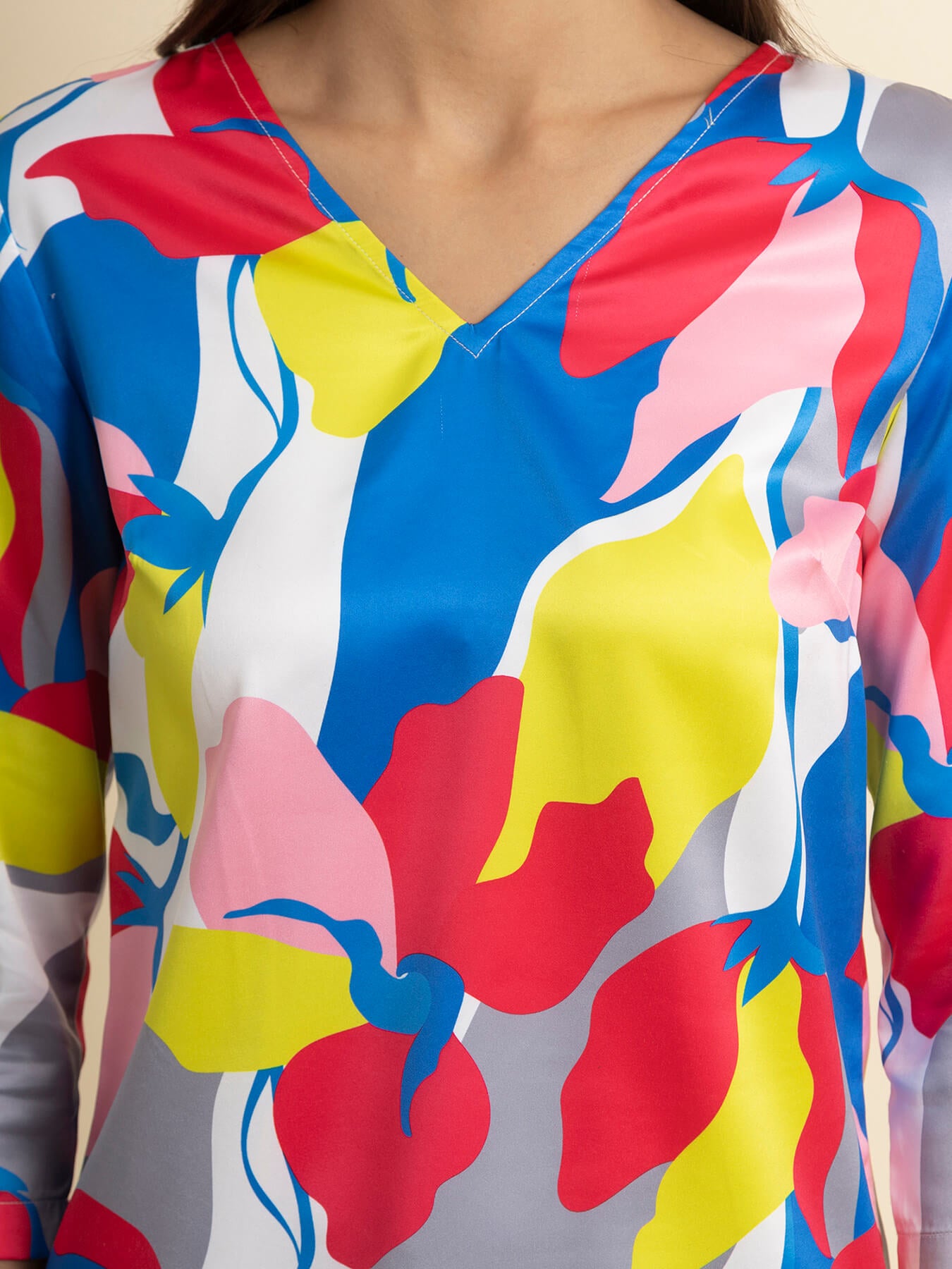 Satin Abstract Print Top - Multicolour