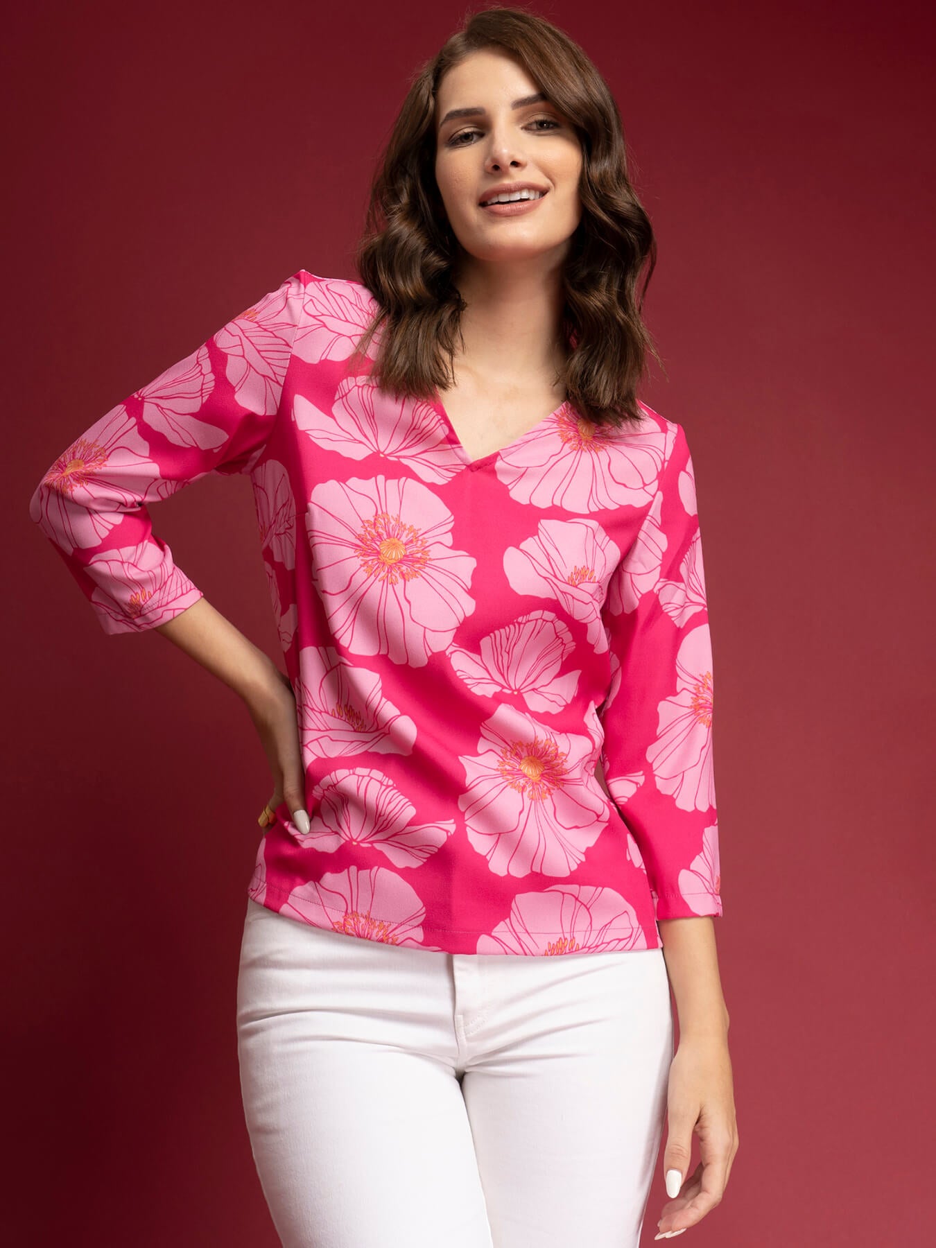 V-Neck Floral Top - Fuchsia