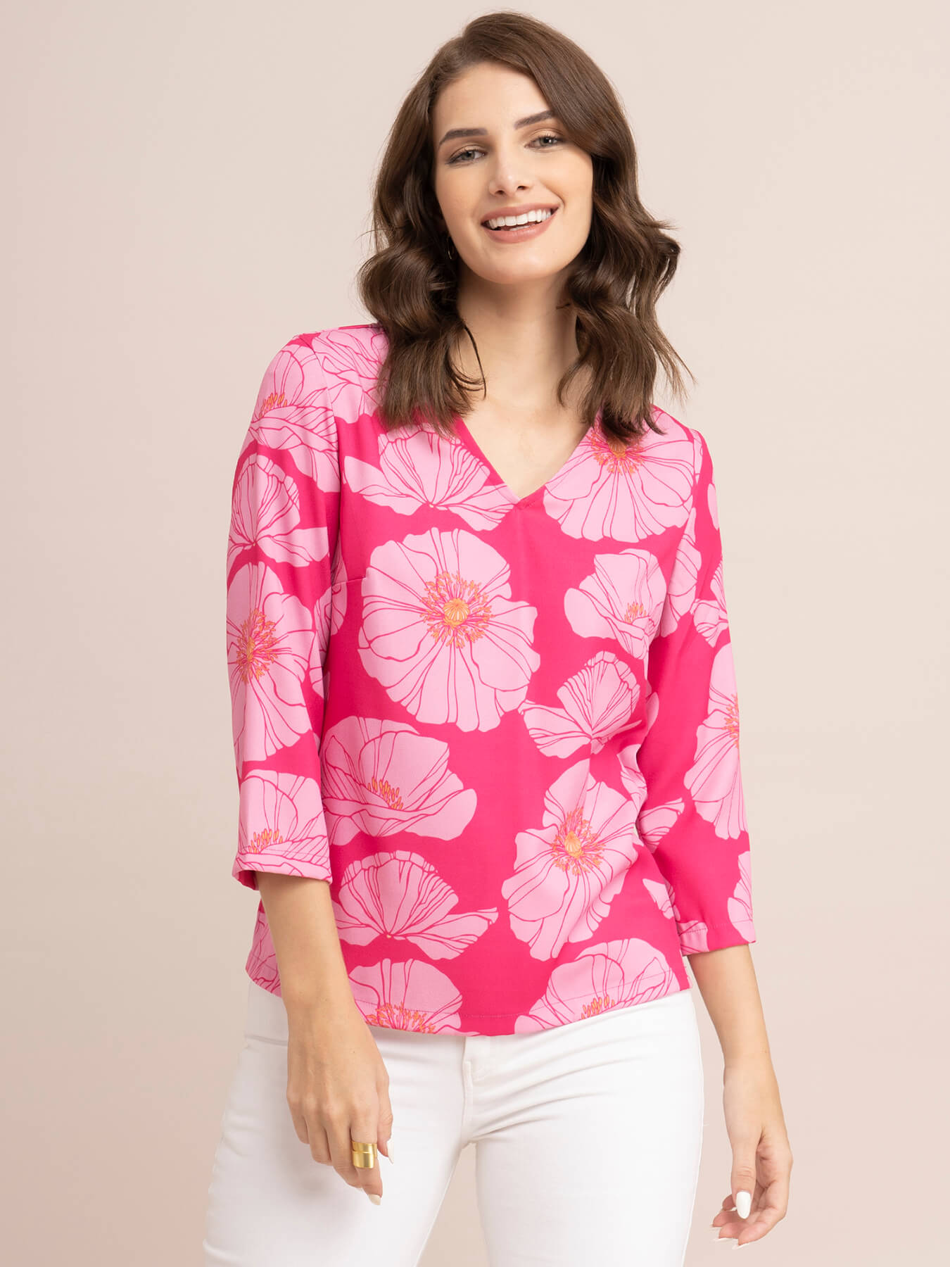 V-Neck Floral Top - Fuchsia