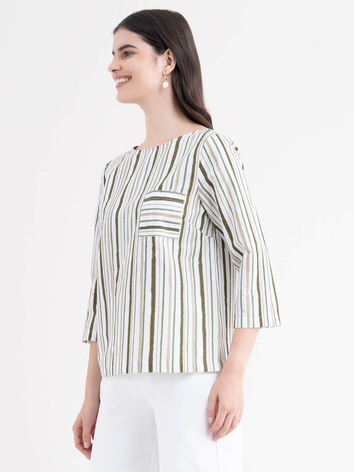 Linen Striped Top - White and Olive| Formal Tops