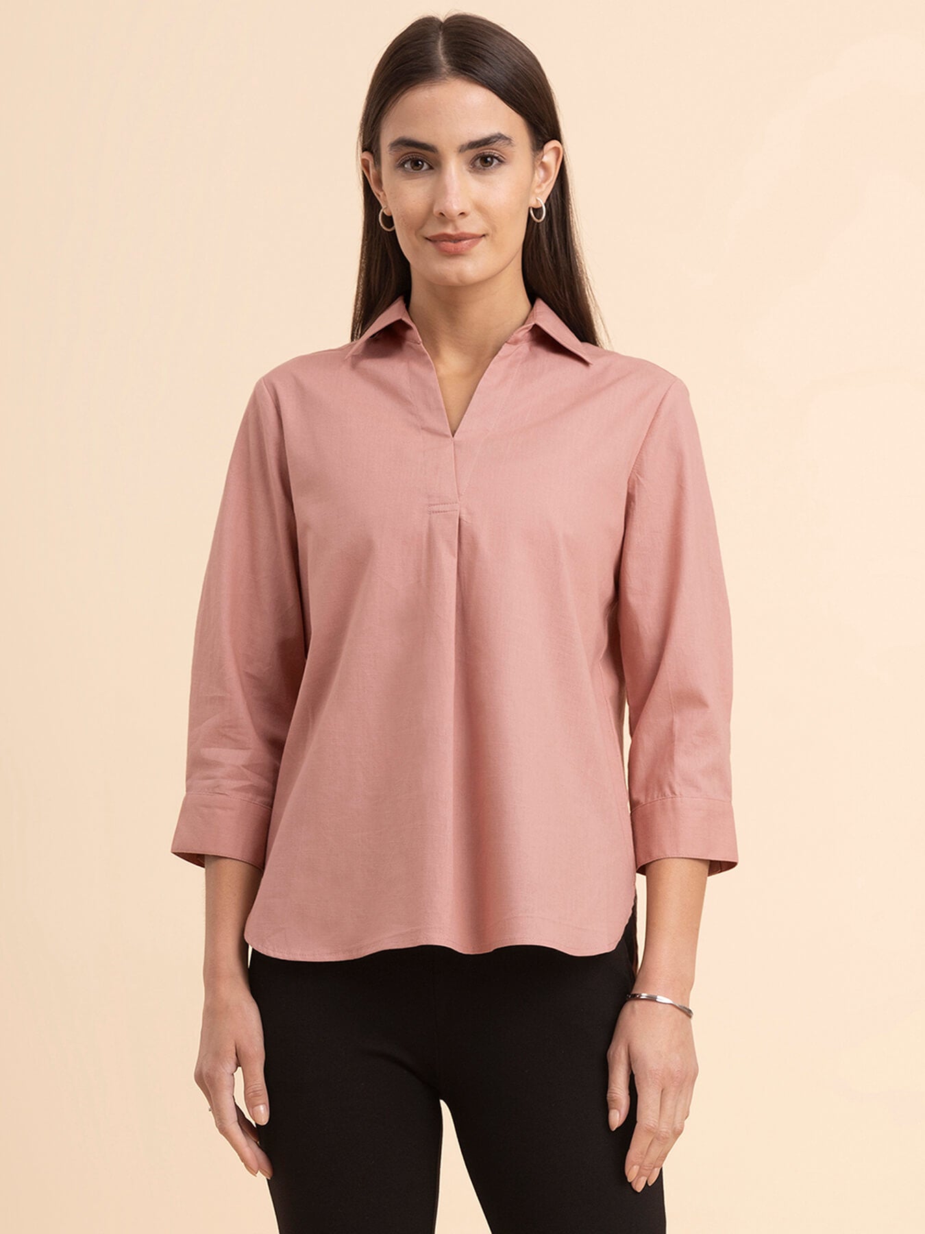 Linen Collared Neck Pleated Top - Dusty Pink