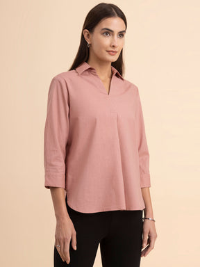 Linen Collared Neck Pleated Top - Dusty Pink