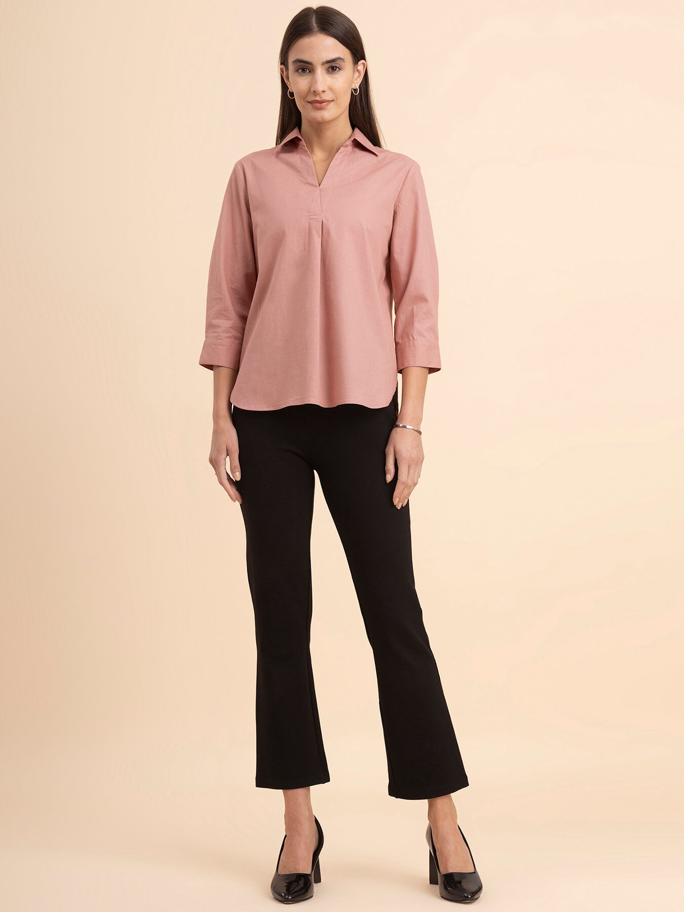 Linen Collared Neck Pleated Top - Dusty Pink