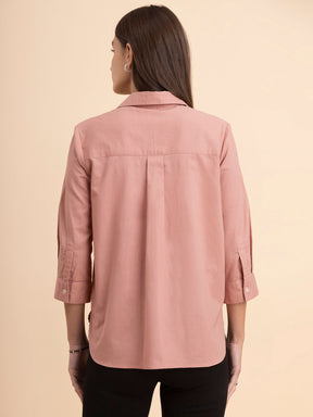 Linen Collared Neck Pleated Top - Dusty Pink