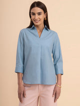 Linen Collared Neck Pleated Top - Light Blue