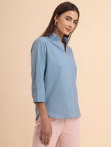 Linen Collared Neck Pleated Top - Light Blue