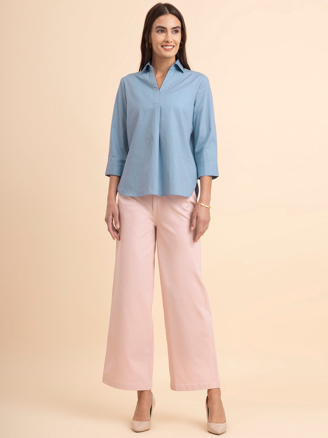 Linen Collared Neck Pleated Top - Light Blue