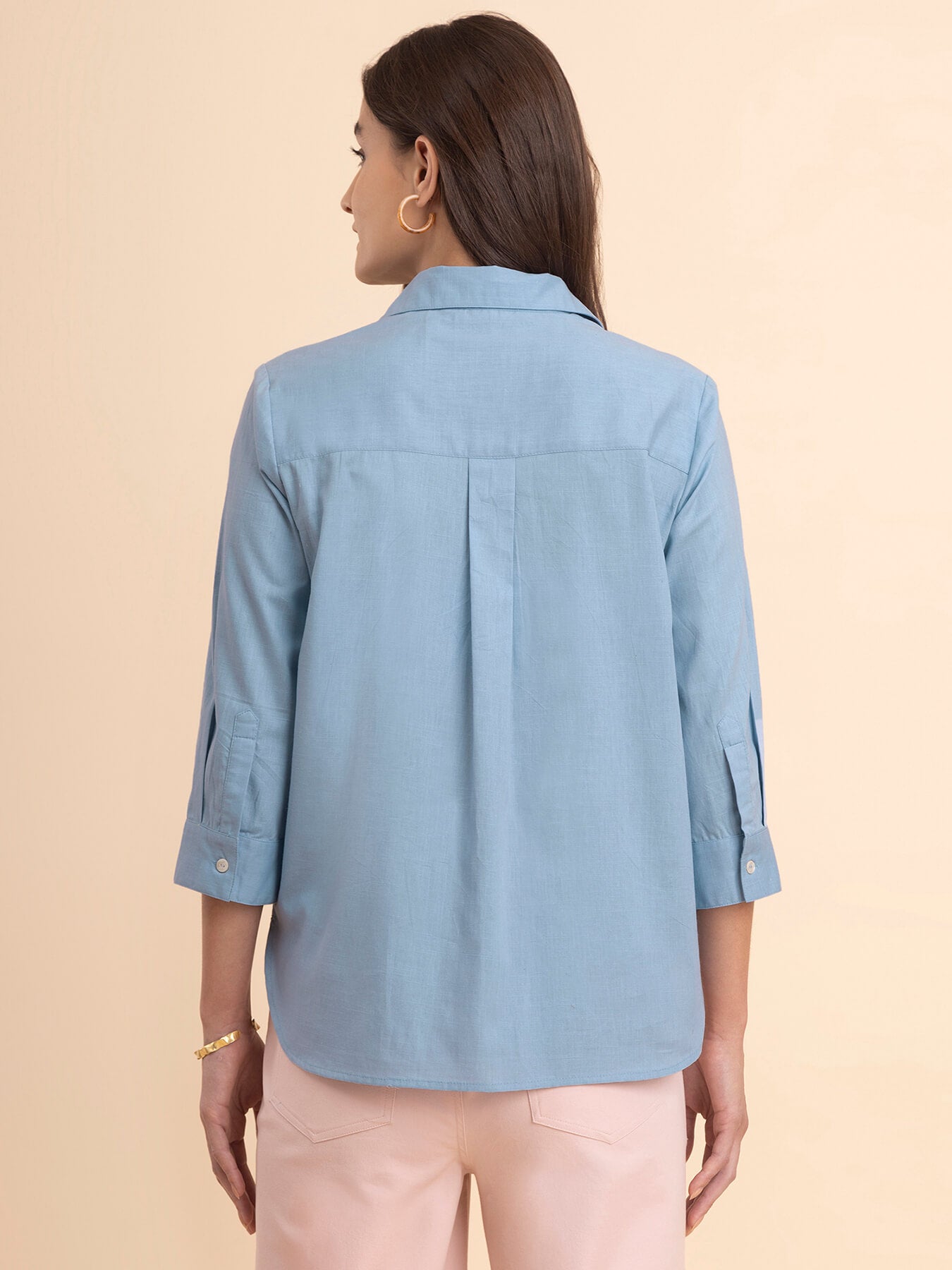 Linen Collared Neck Pleated Top - Light Blue