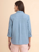 Linen Collared Neck Pleated Top - Light Blue