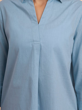 Linen Collared Neck Pleated Top - Light Blue