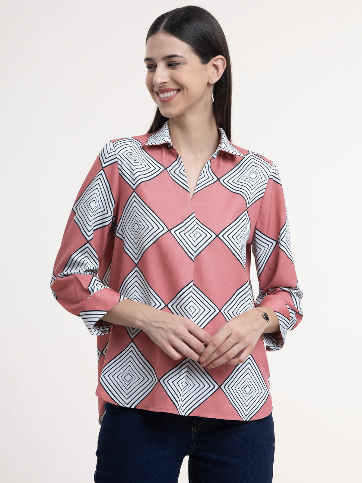 Collared Geometric Print Top - Dusty Pink