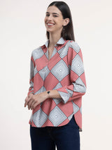 Collared Geometric Print Top - Dusty Pink