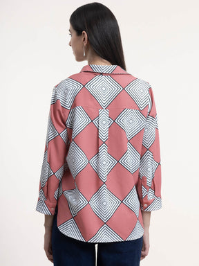 Collared Geometric Print Top - Dusty Pink