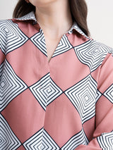 Collared Geometric Print Top - Dusty Pink