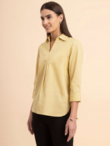 Linen Collared Neck Pleated Top - Yellow