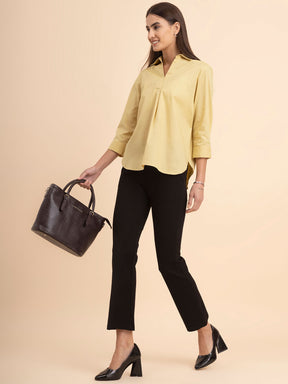 Linen Collared Neck Pleated Top - Yellow