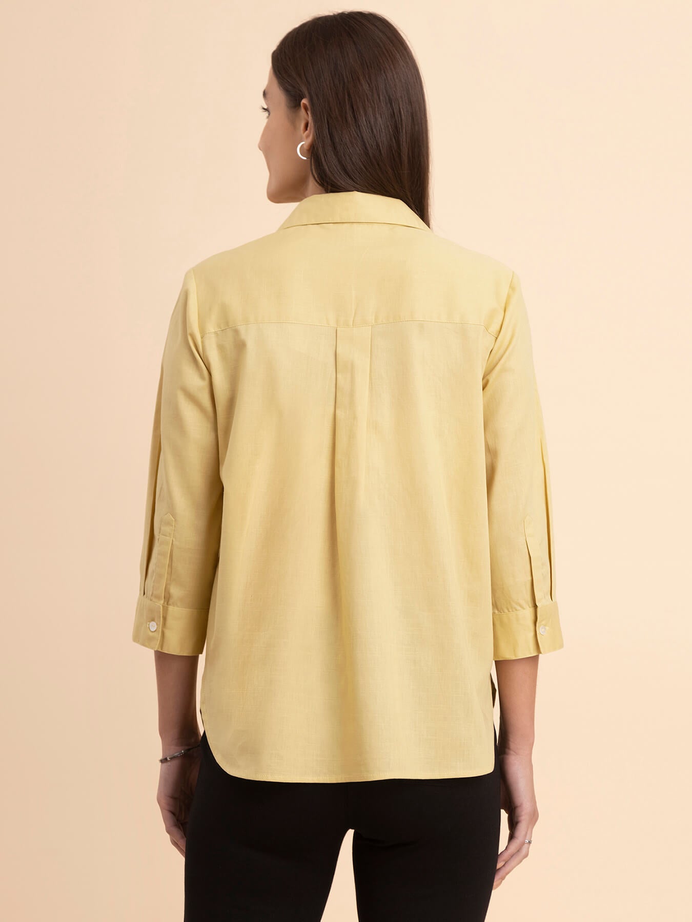 Linen Collared Neck Pleated Top - Yellow