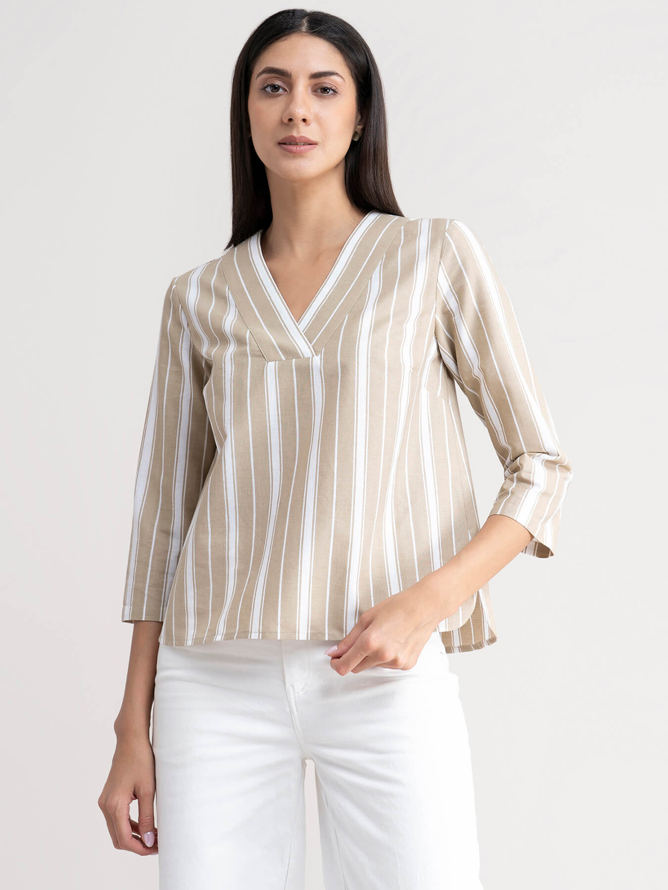 Linen Striped Top - Beige