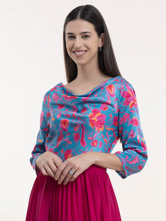 Satin Floral Print Top - Blue and Fuchsia