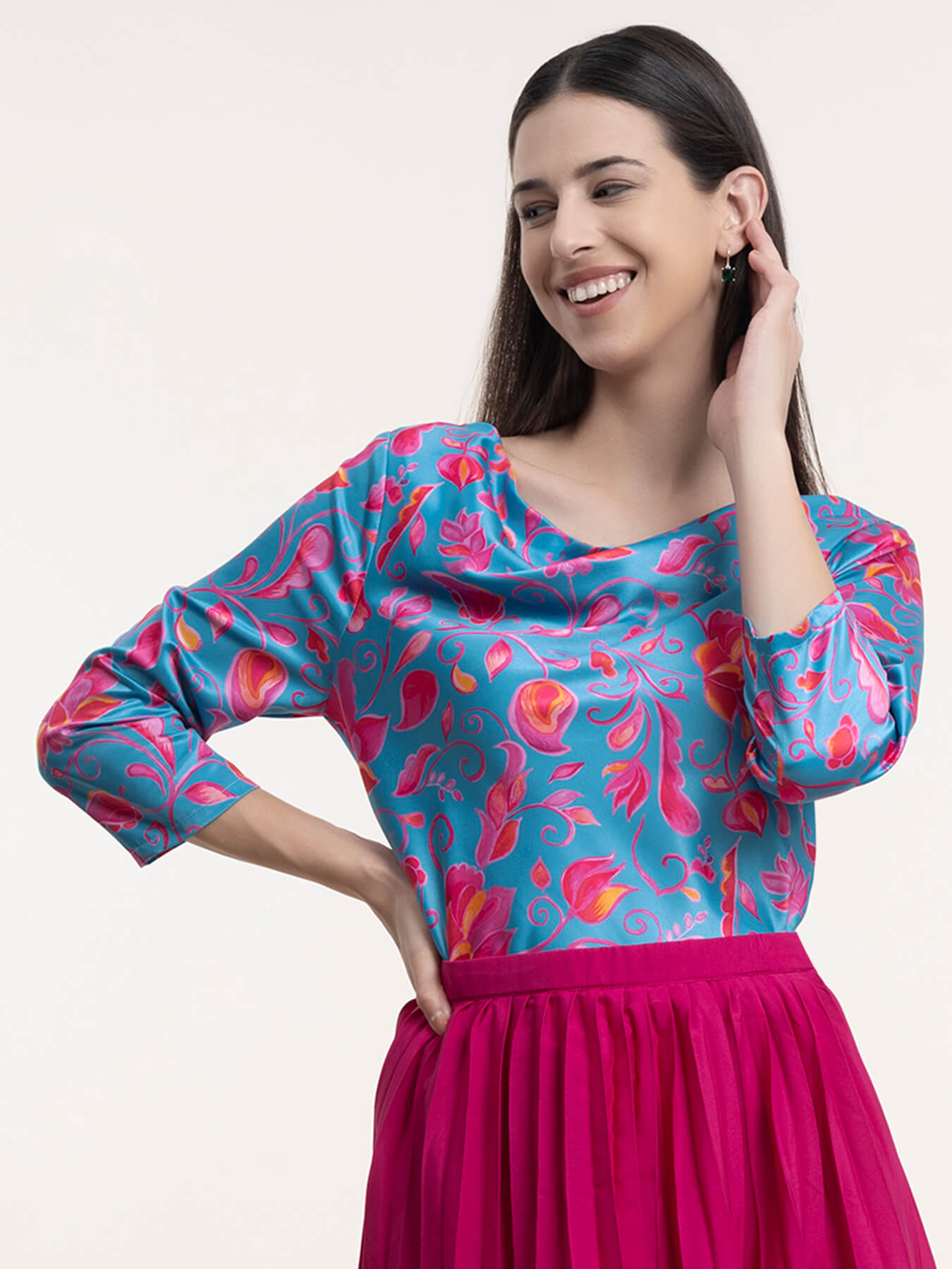 Satin Floral Print Top - Blue and Fuchsia