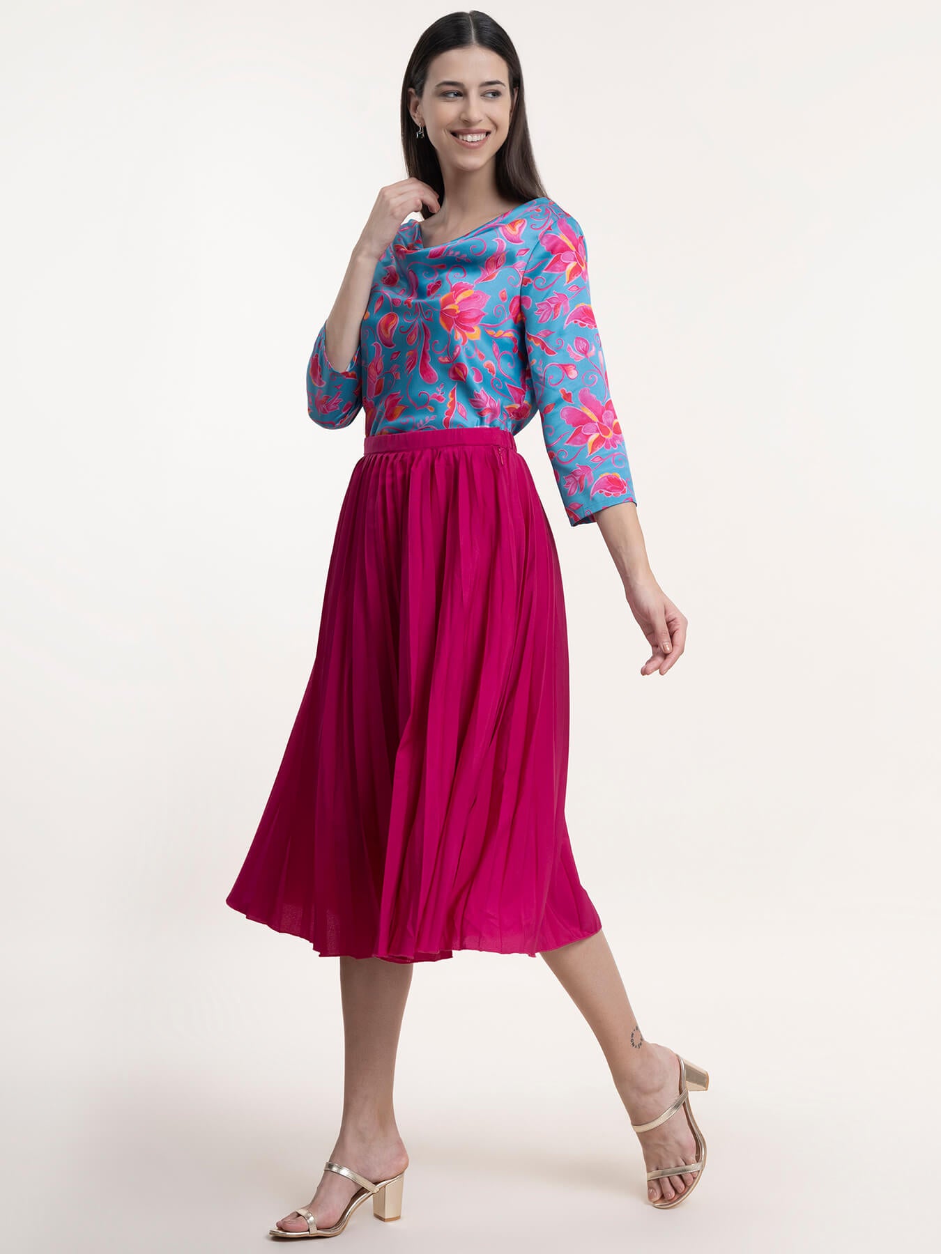 Satin Floral Print Top - Blue and Fuchsia