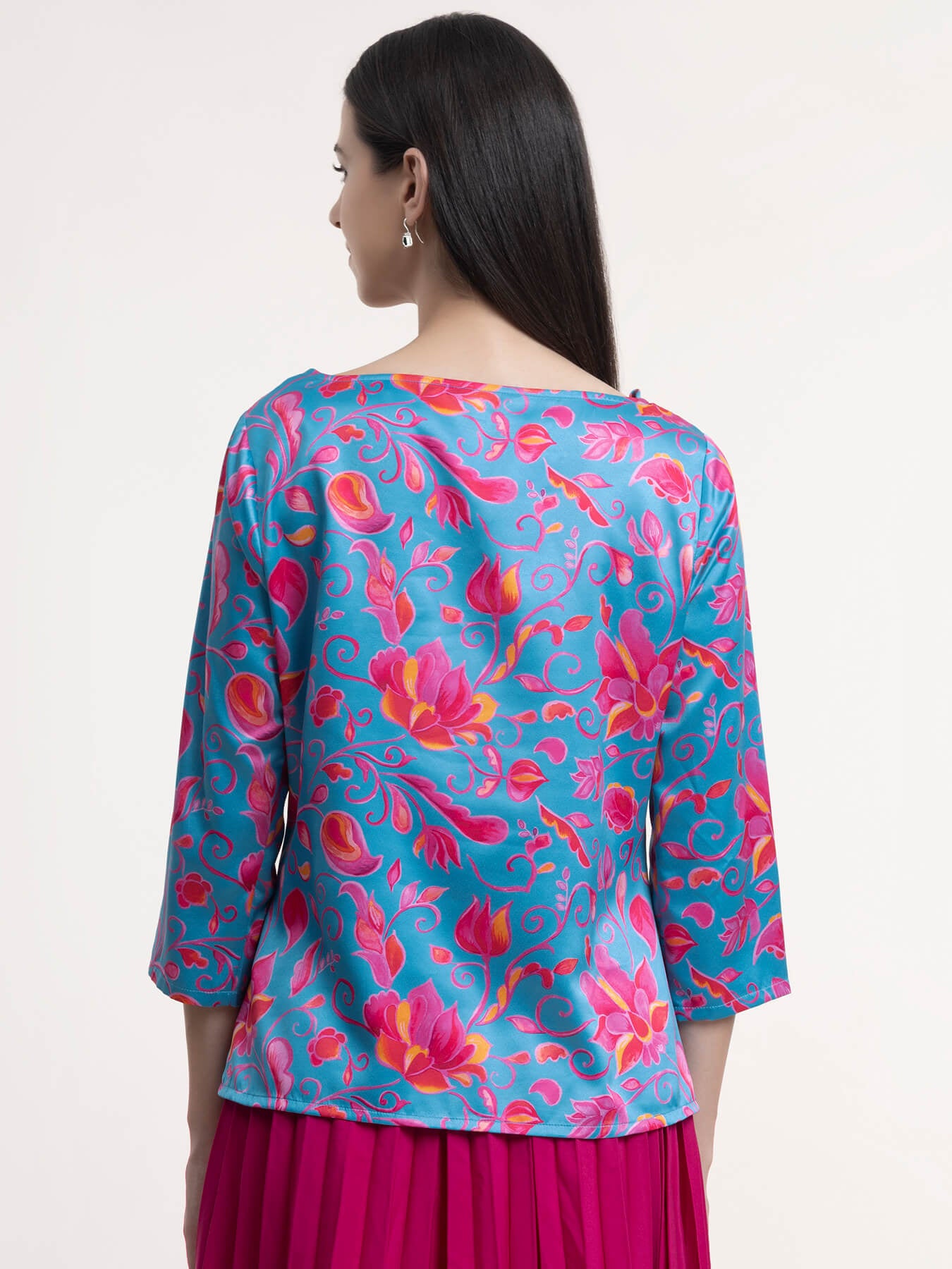 Satin Floral Print Top - Blue and Fuchsia