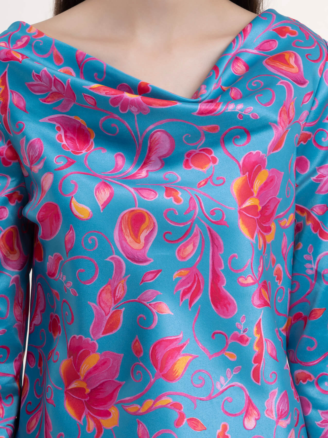 Satin Floral Print Top - Blue and Fuchsia