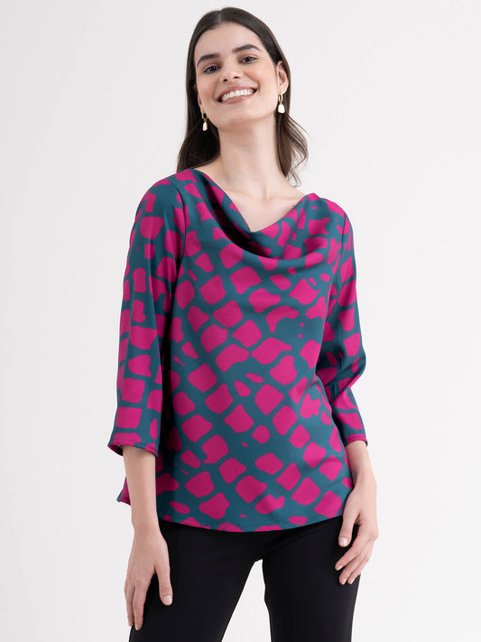 Animal Print Cowl Neck Top - Fuchsia| Formal Tops
