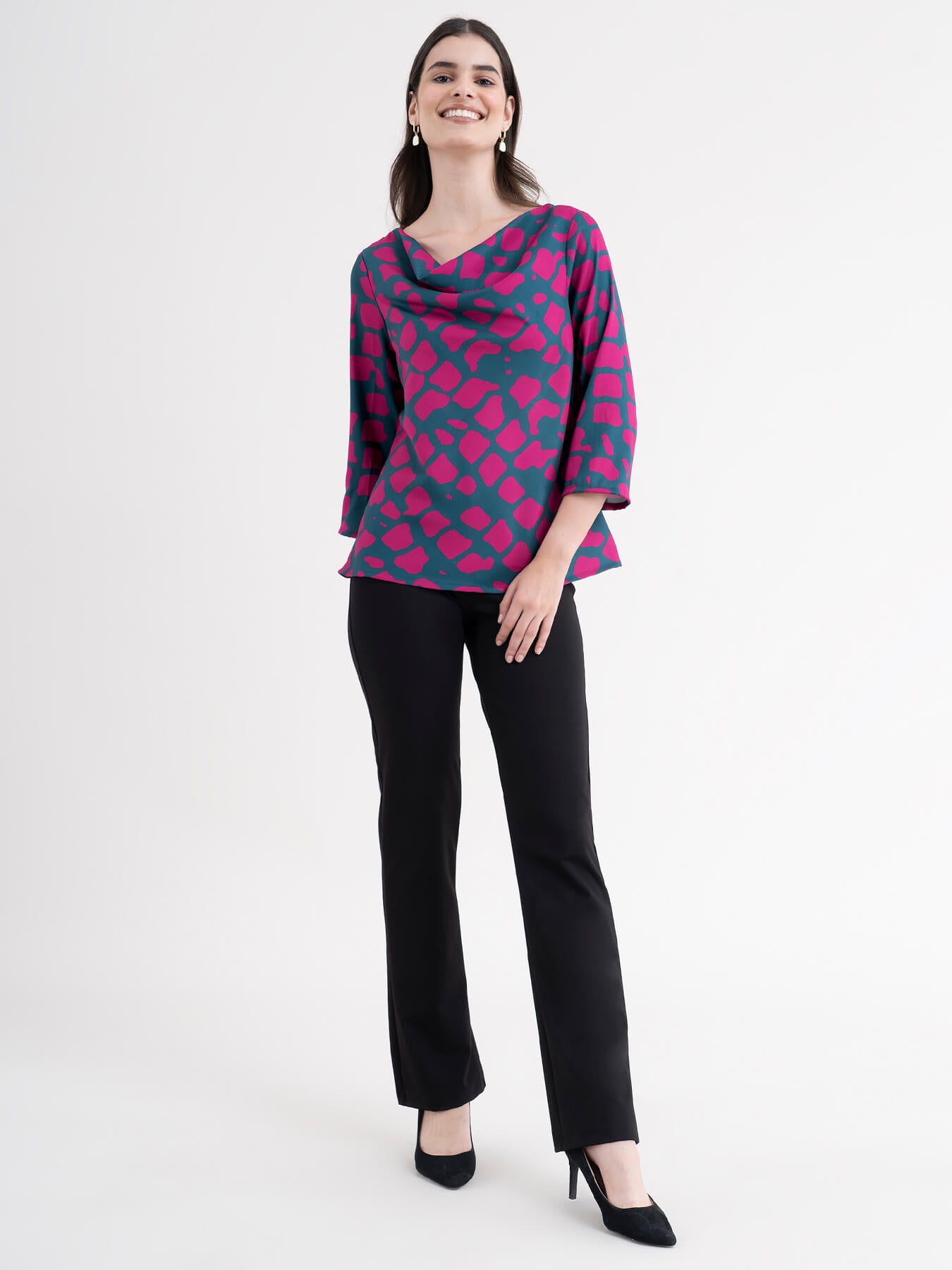 Animal Print Cowl Neck Top - Fuchsia| Formal Tops
