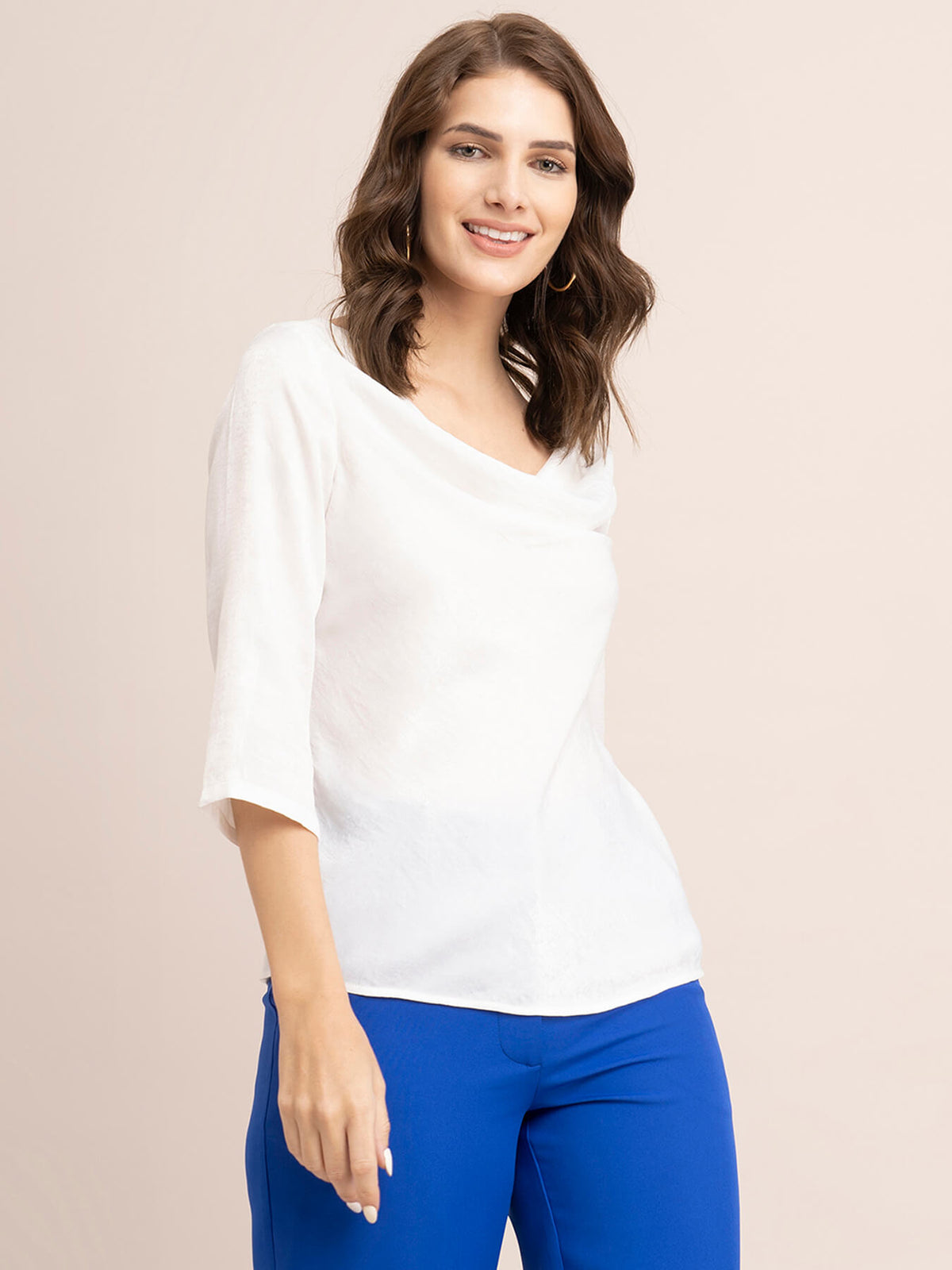 Satin Solid Cowl Neck Top - Off White