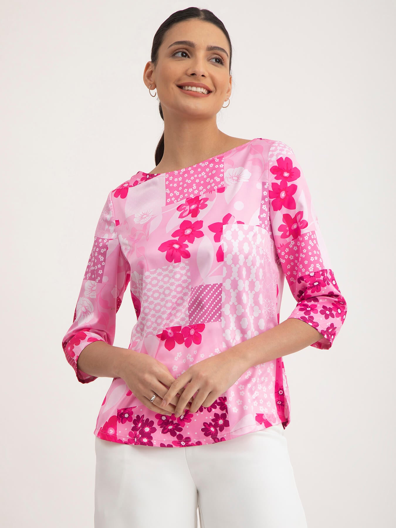 Satin Boat Neck Top - Pink And Fuchsia