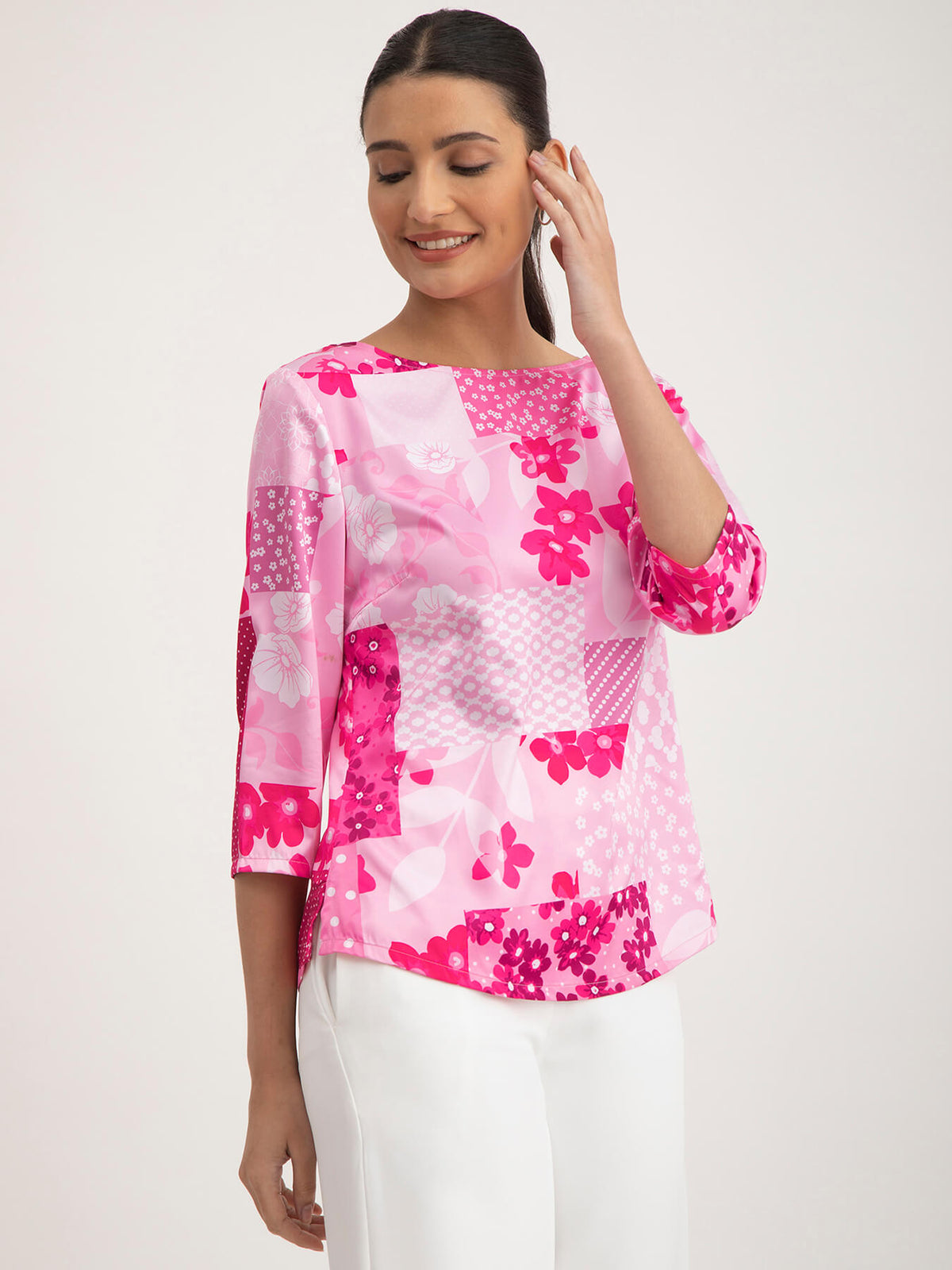 Satin Boat Neck Top - Pink And Fuchsia