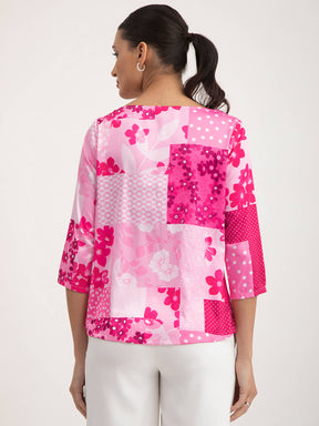 Satin Boat Neck Top - Pink And Fuchsia