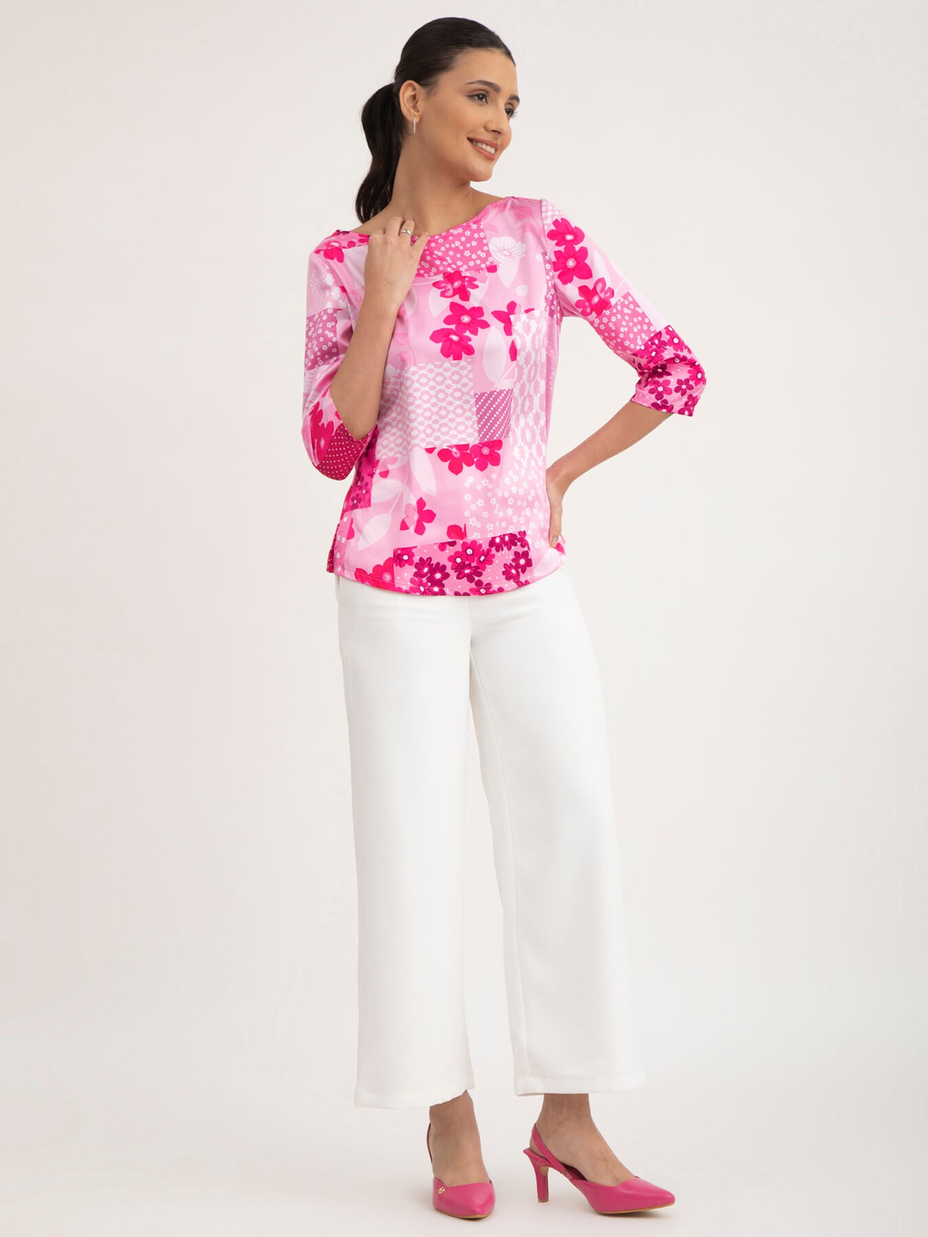 Satin Boat Neck Top - Pink And Fuchsia