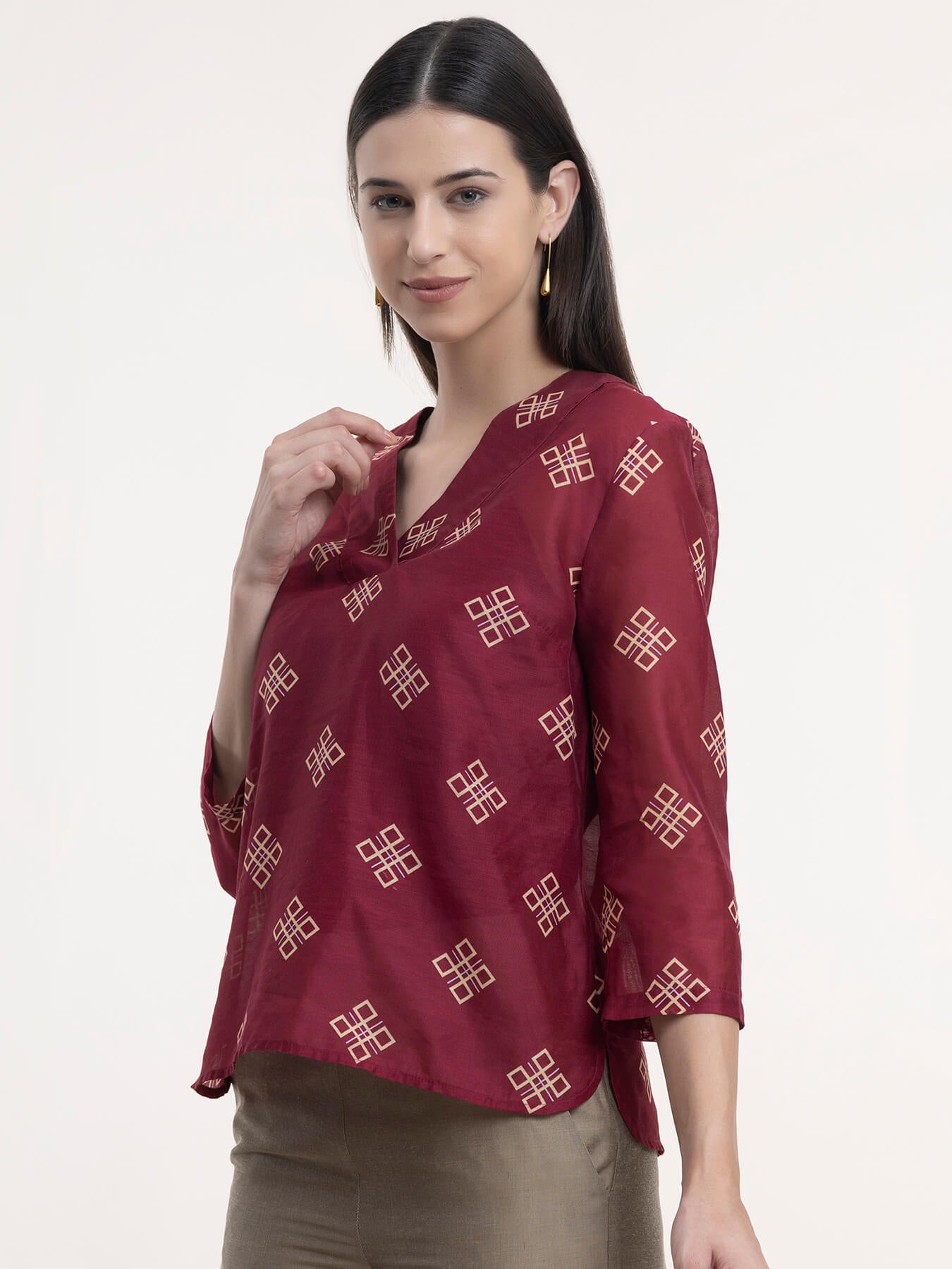 Chanderi Indian Motif Top - Maroon