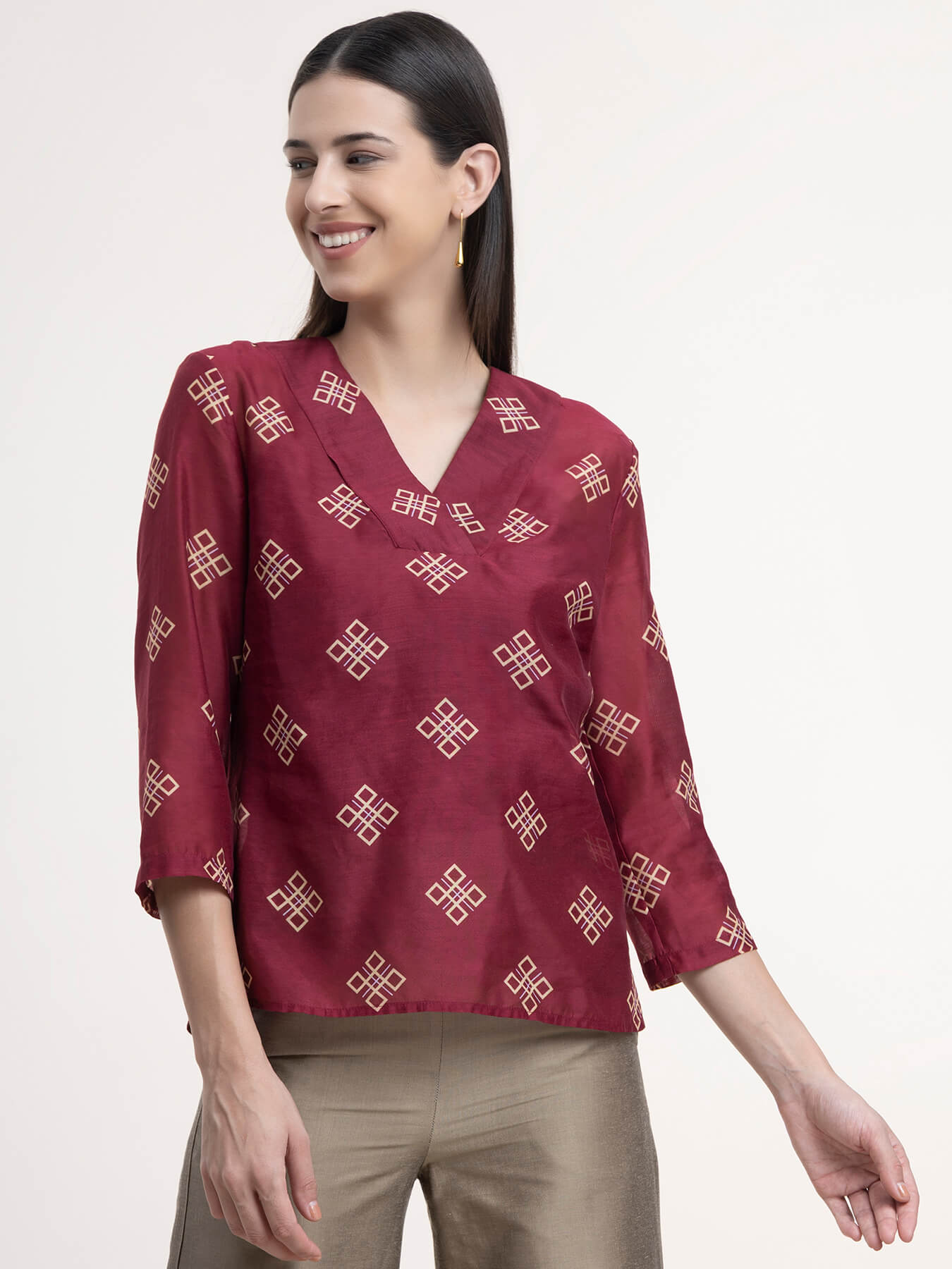 Chanderi Indian Motif Top - Maroon